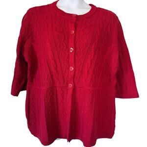 EUC CJ Banks 3X Red Cable Knit Christmas Cardigan Sweater Classic Holiday Preppy
